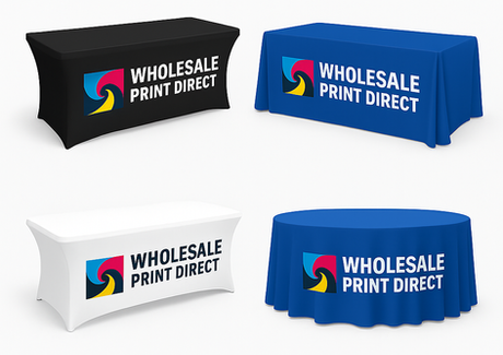 Custom printed table covers in draped, fitted and stretched styles