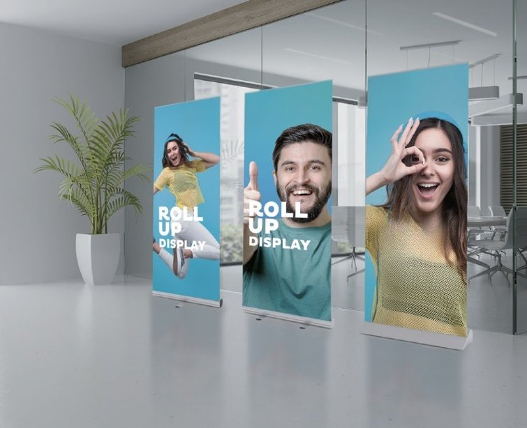 Retractable roll-up banner stands with printed graphics