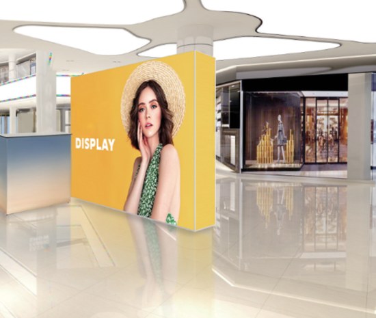 Freestanding SEG lightbox display in a shopping mall