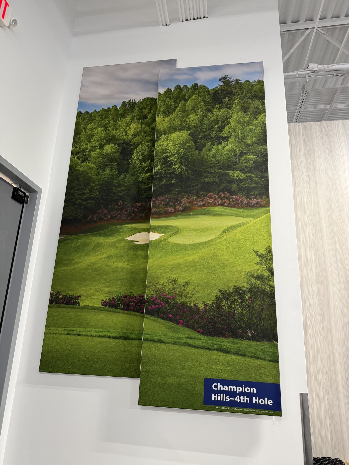 Wall-mounted SEG fabric panels with golf course graphics, Champion Hills 4th hole