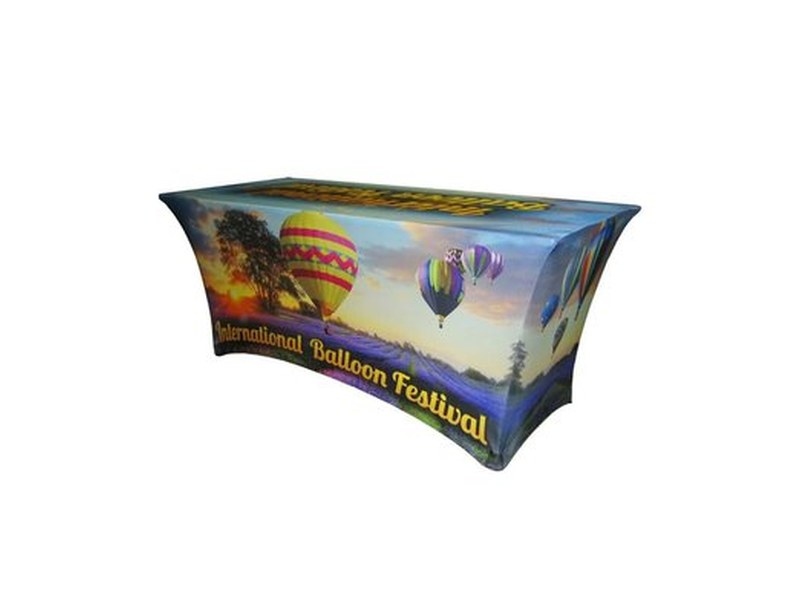 Stretch custom table cover with tight contour fit and edge-to-edge print