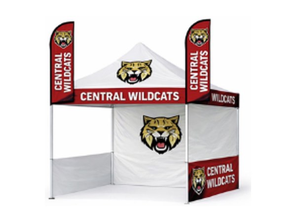 Canopy tent package with feather flags mounted on the frame