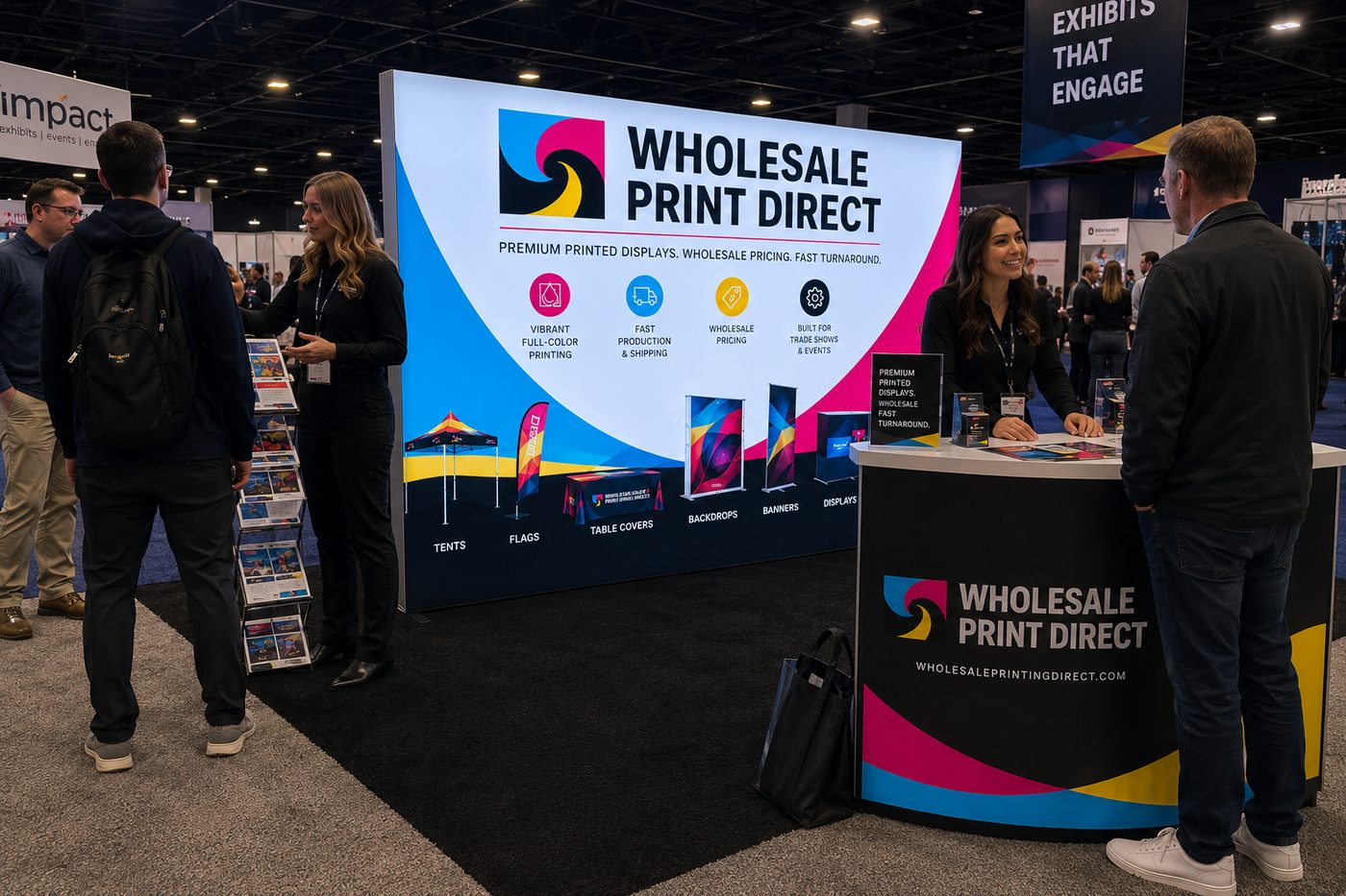 Wholesale Print Direct trade show booth with printed backdrop showing tents, flags, table covers and banner displays